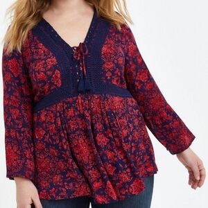 Torrid Crochet Trim Babydoll Gauze Floral Top